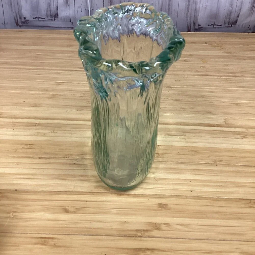 Hand Blown Glass Vase Green Tint Waves Ice